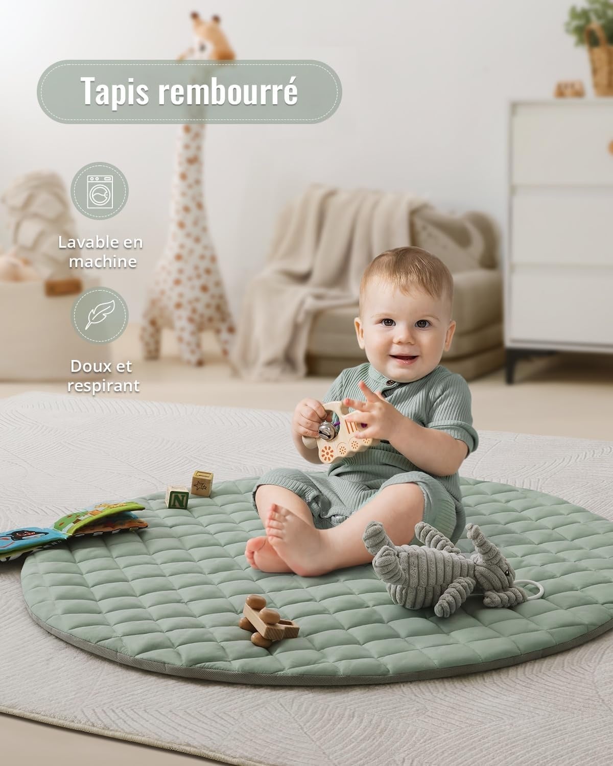 Tapis d'éveil bébé avec arche et 6 jouets - Vert sauge - Jusqu'à 33% de remise