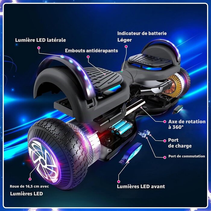 Hoverboard 6,5 pouces LED et Bluetooth - Noir - Jusqu'à -35%