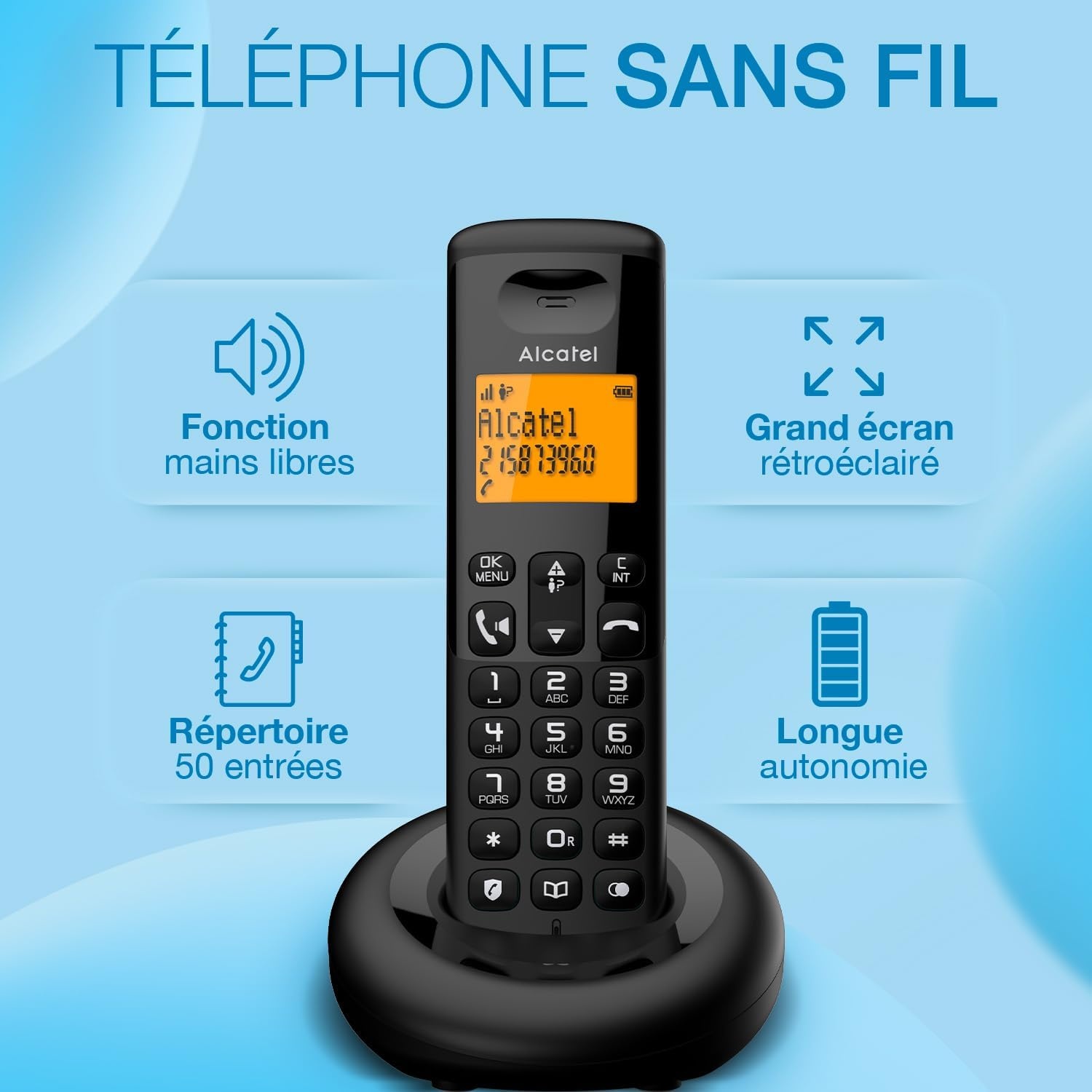 Téléphone fixe sans fil DECT - 22% de remise - Noir