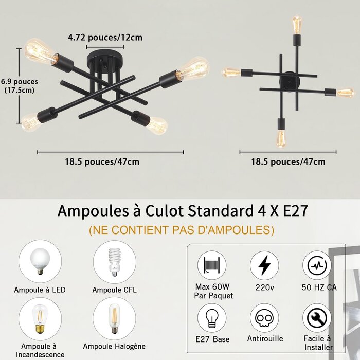 Plafonnier Sputnik Industriel Noir - 4 Lumières - Jusqu'à -33%