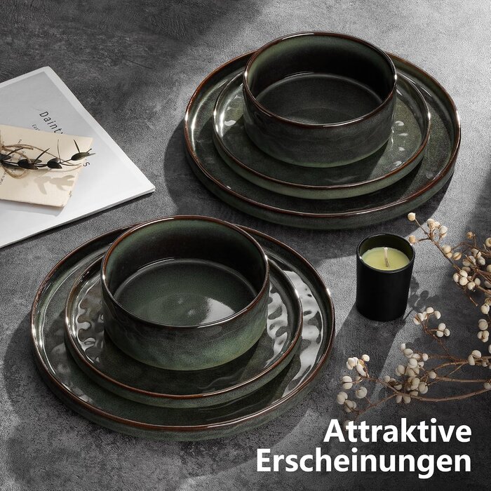 Service de table 18 pièces en grès vert mousse - Jusqu'à 35% de remise