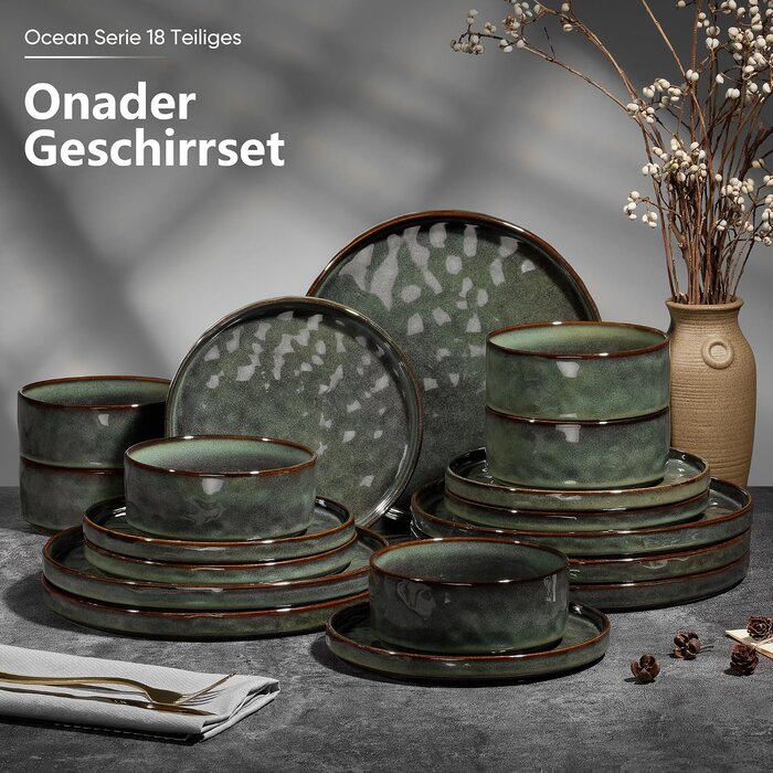 Service de table 18 pièces en grès vert mousse - Jusqu'à 35% de remise