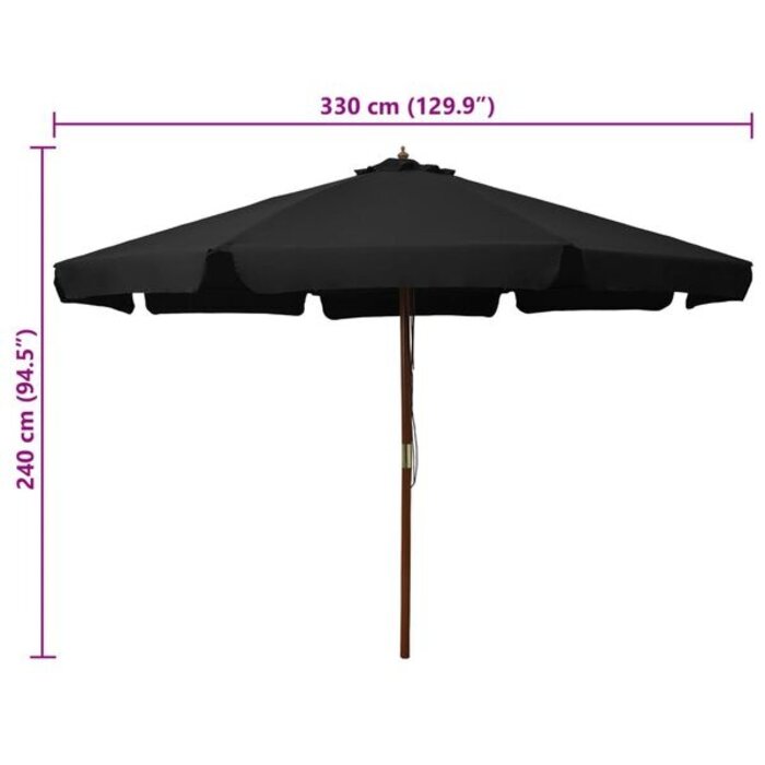 Vidaxl Parasol de jardin 330 cm noir - Mât bois - Jusqu'à 34 % de réduction
