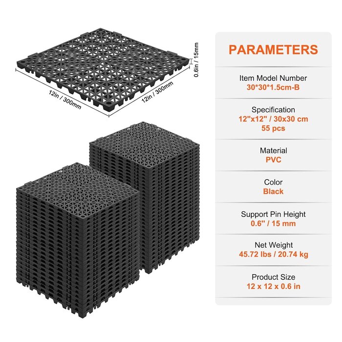 Vevor Lot de 55 dalles de sol PVC drainantes Noir - Jusqu'à 34 % de réduction