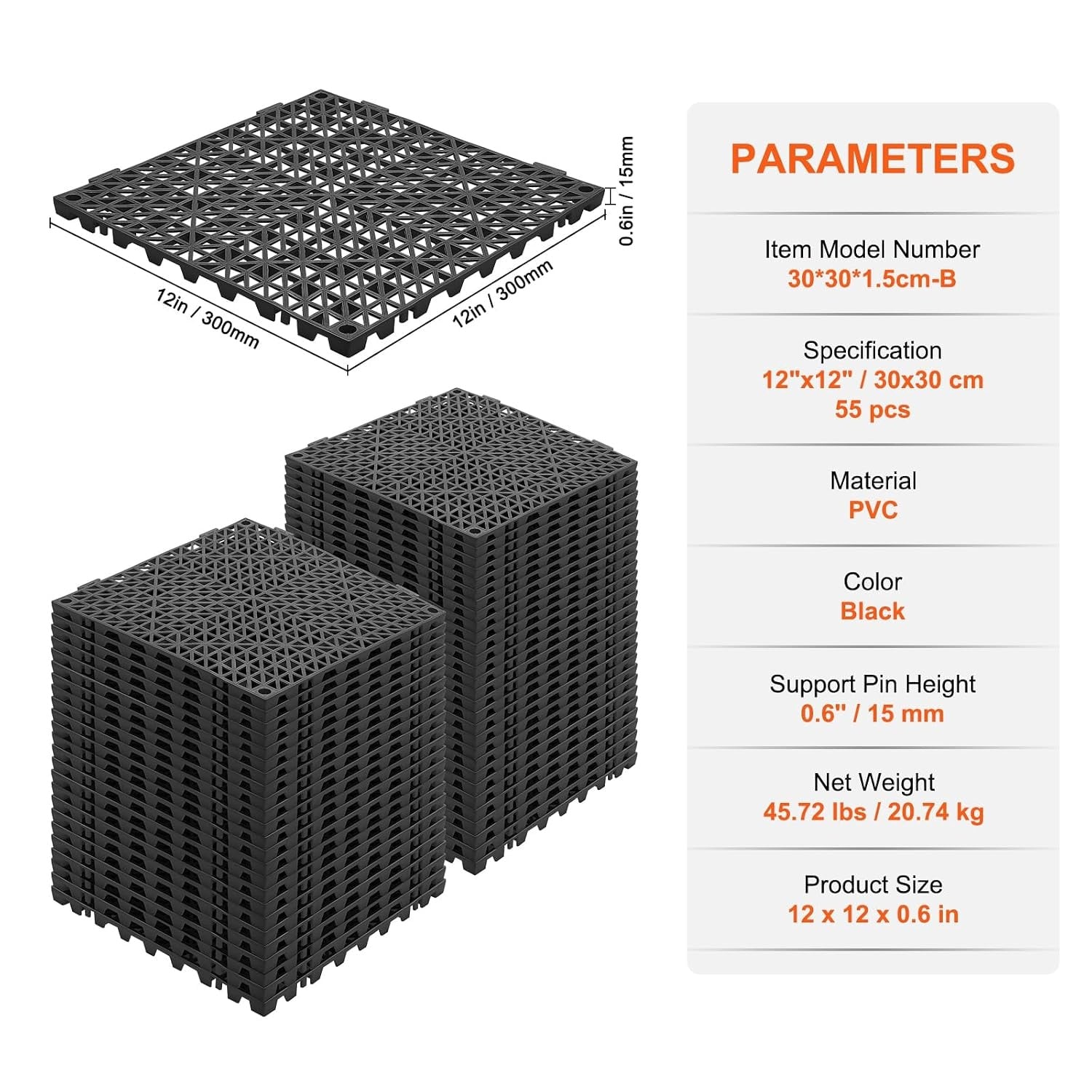 Vevor Lot de 55 dalles de sol PVC drainantes Noir - Jusqu'à 34 % de réduction