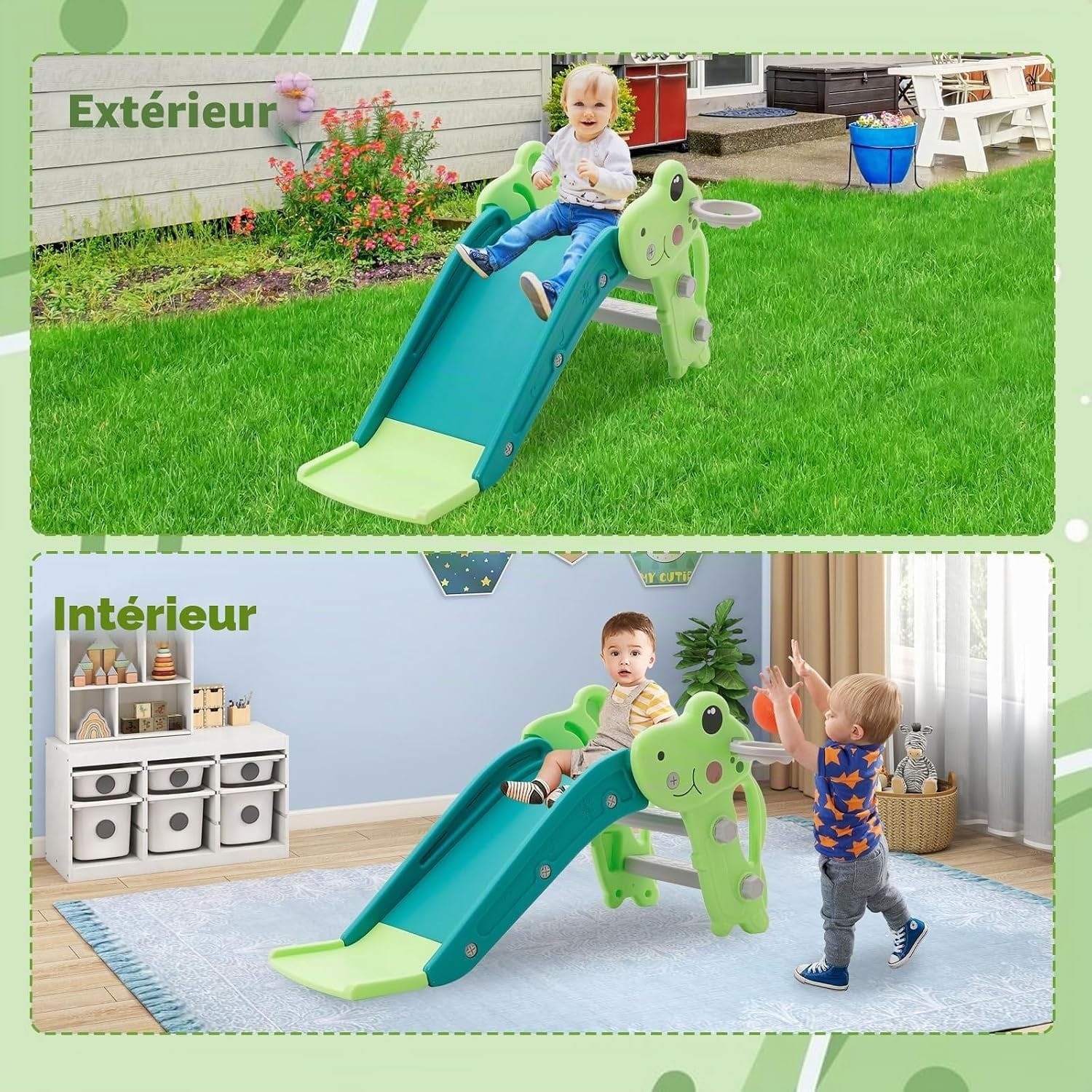 Toboggan enfant 3-en-1 avec panier de basket - Vert - Jusqu'à -33%