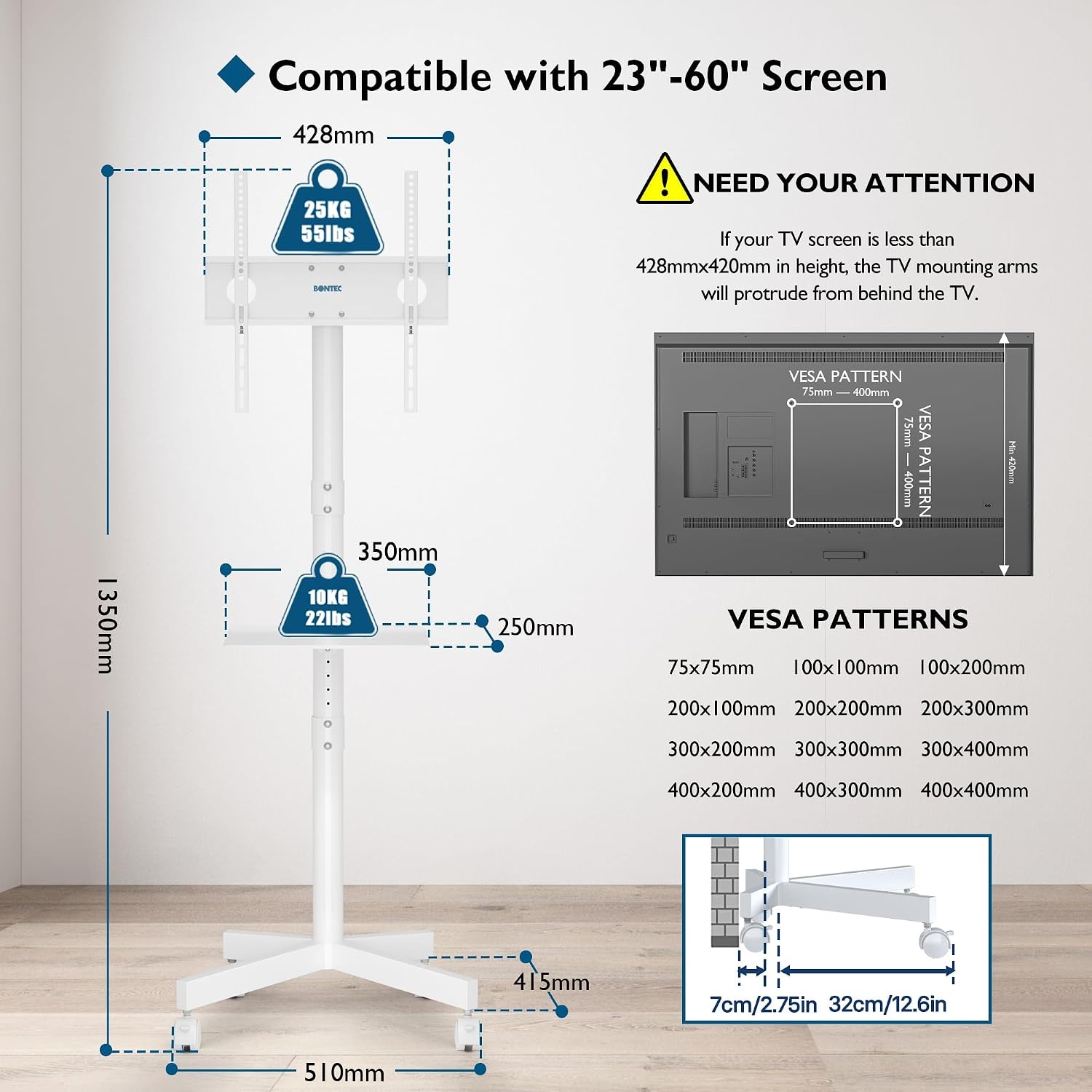 Support TV Mobile Réglable avec Tablette (23-60 pouces) - Jusqu'à -34%