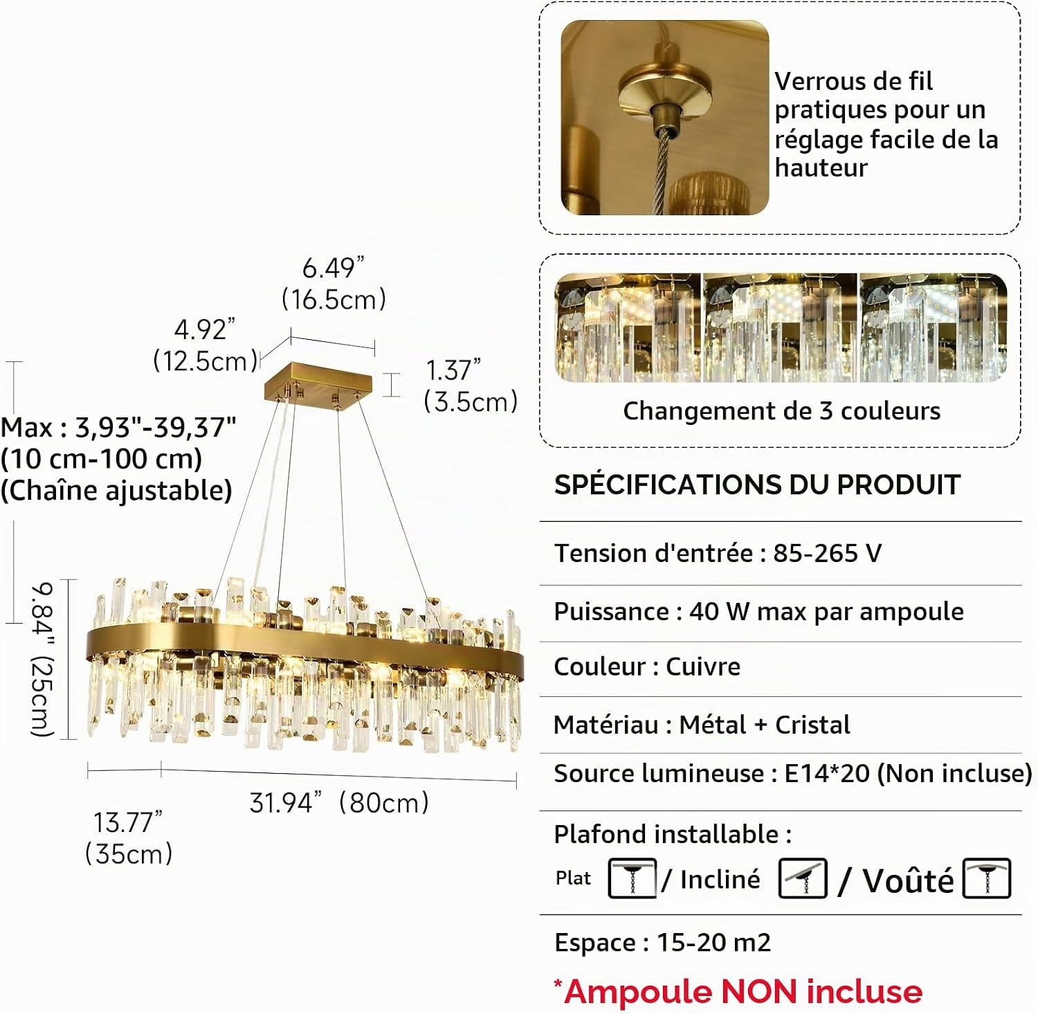 Lustre rond cristal doré 80cm 20 ampoules - Jusqu'à -35% d'économie