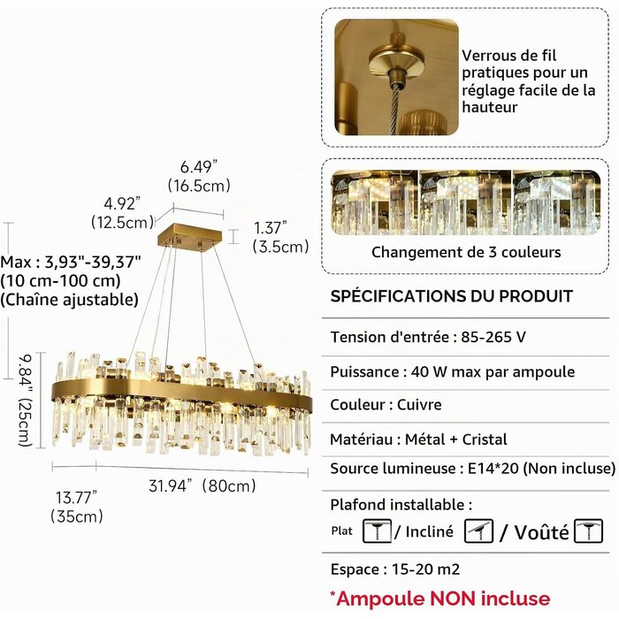 Lustre rond cristal et métal doré 80 cm - Jusqu'à -35% sur nos modèles outlet