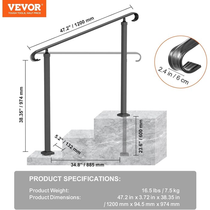 Rampe d'escalier en fer forgé 60 cm - Noir - 40% de remise