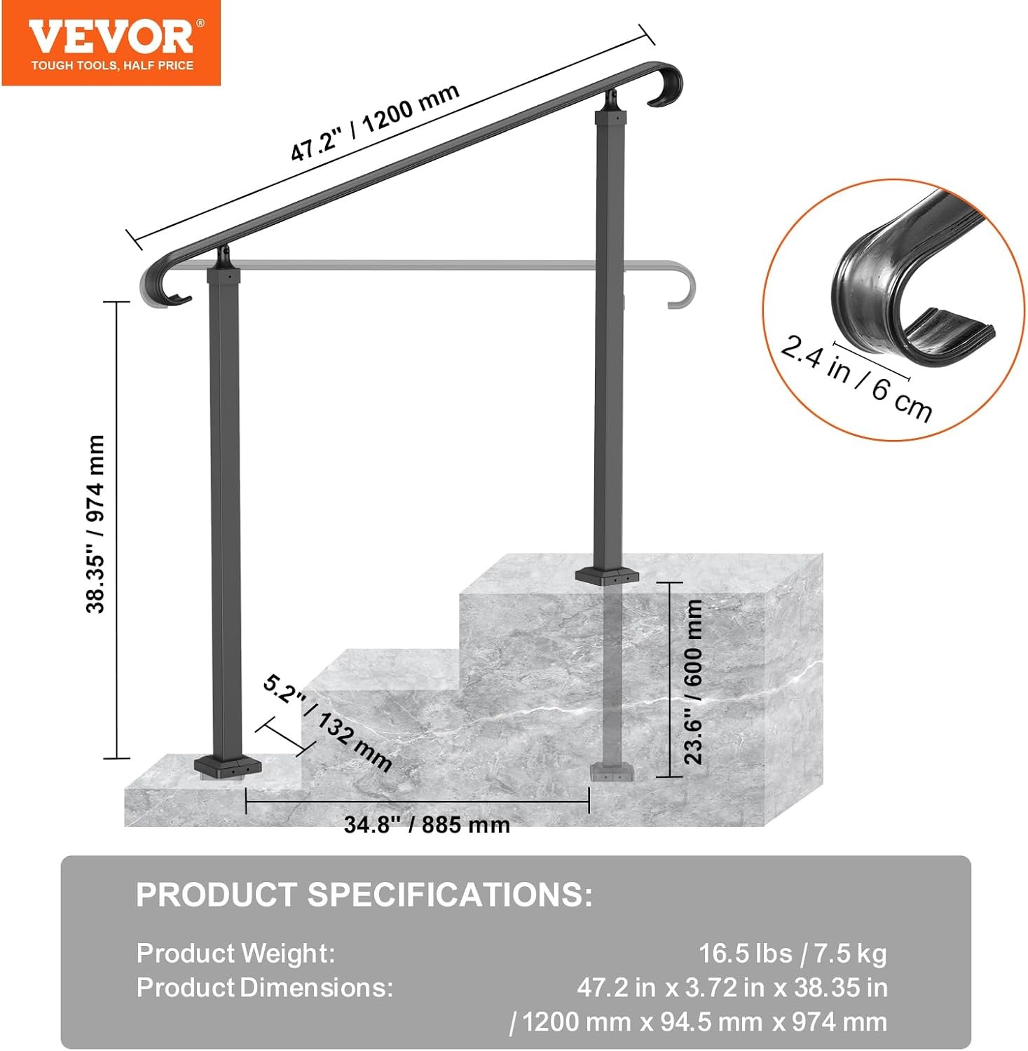 Rampe d'escalier en fer forgé 60 cm - Noir - 40% de remise