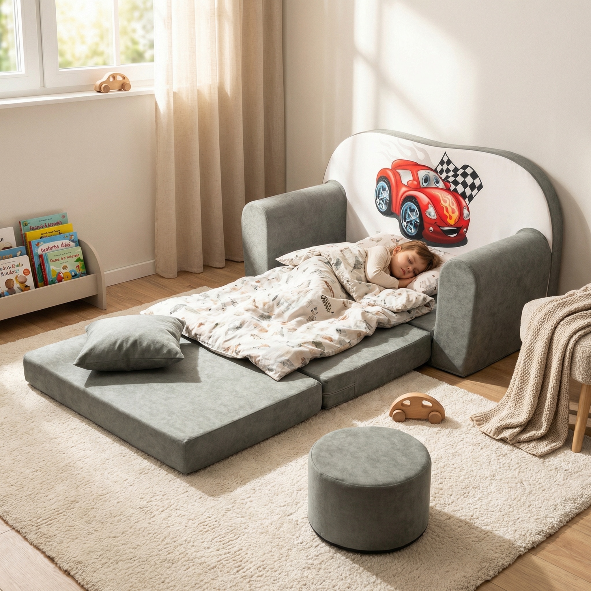 Canapé-lit enfant avec pouf gris motif voiture - 25% de remise