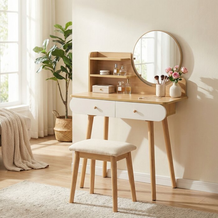 Viking Choice Coiffeuse bois avec miroir rond Ø40cm - 2 tiroirs - 122x80cm - 7% de remise
