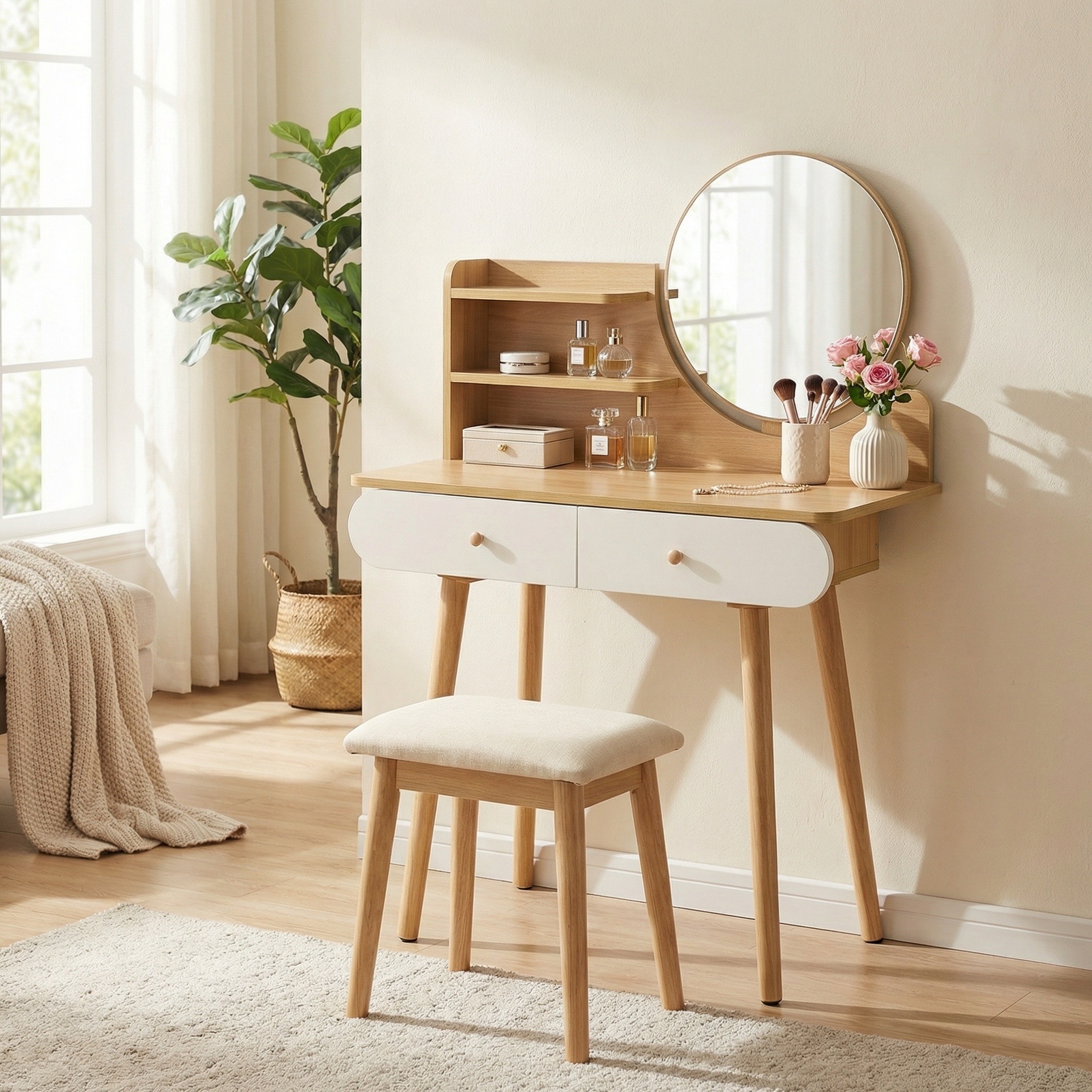 Viking Choice Coiffeuse bois avec miroir rond Ø40cm - 2 tiroirs - 122x80cm - 7% de remise