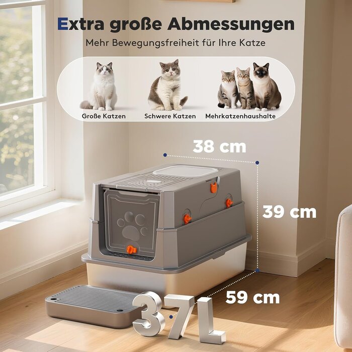 Bac à litière fermé XL en inox - Gris foncé - 34% de remise