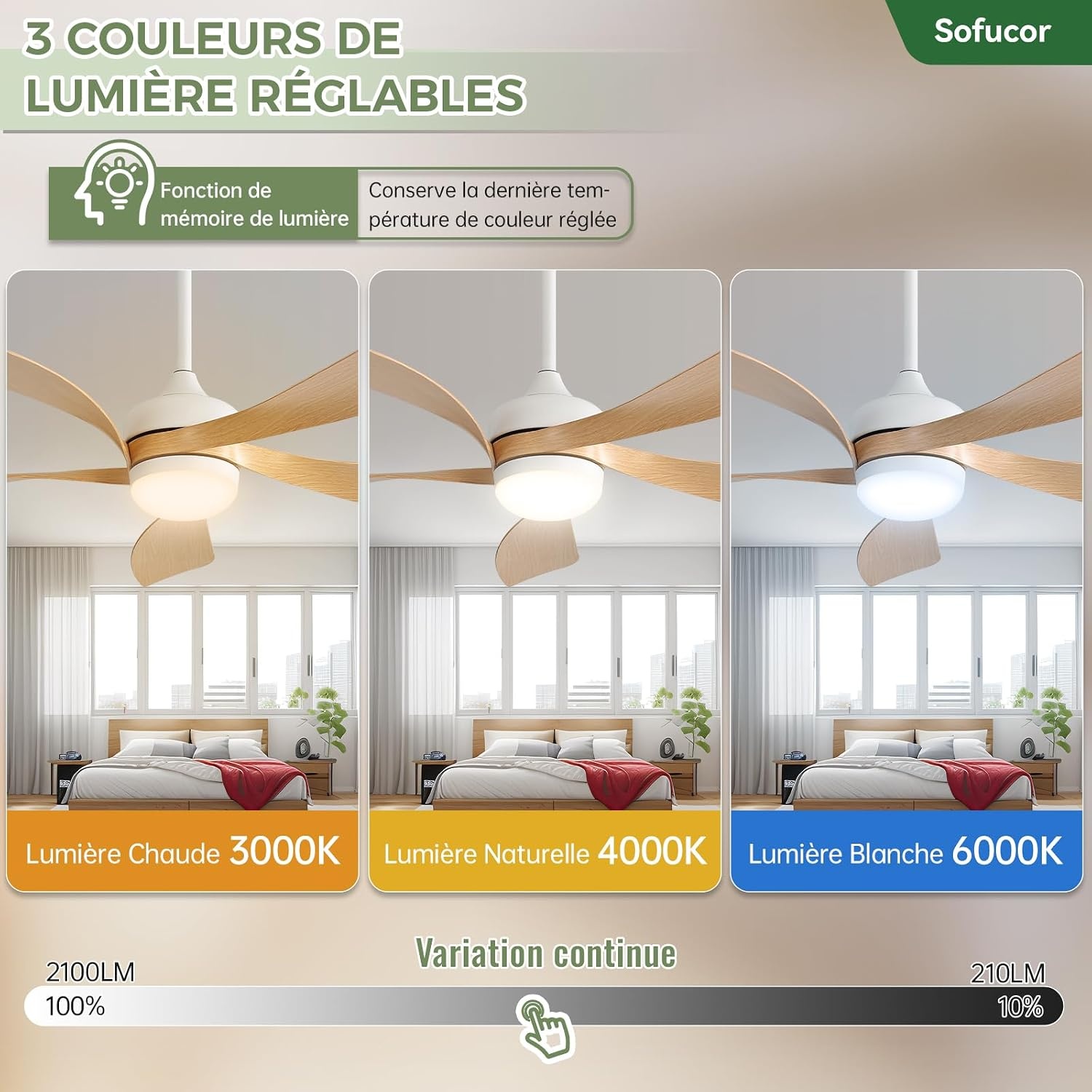 Ventilateur de plafond LED 132 cm bois clair - 35% de remise