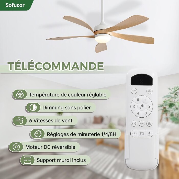 Ventilateur de plafond LED 132 cm bois clair - 35% de remise