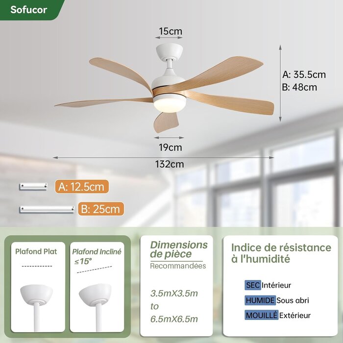 Ventilateur de plafond LED 132 cm bois clair - 35% de remise