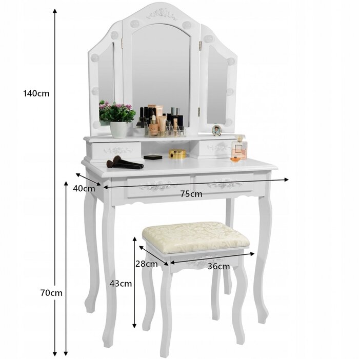 Coiffeuse blanche avec miroir LED et tabouret - 35% de remise