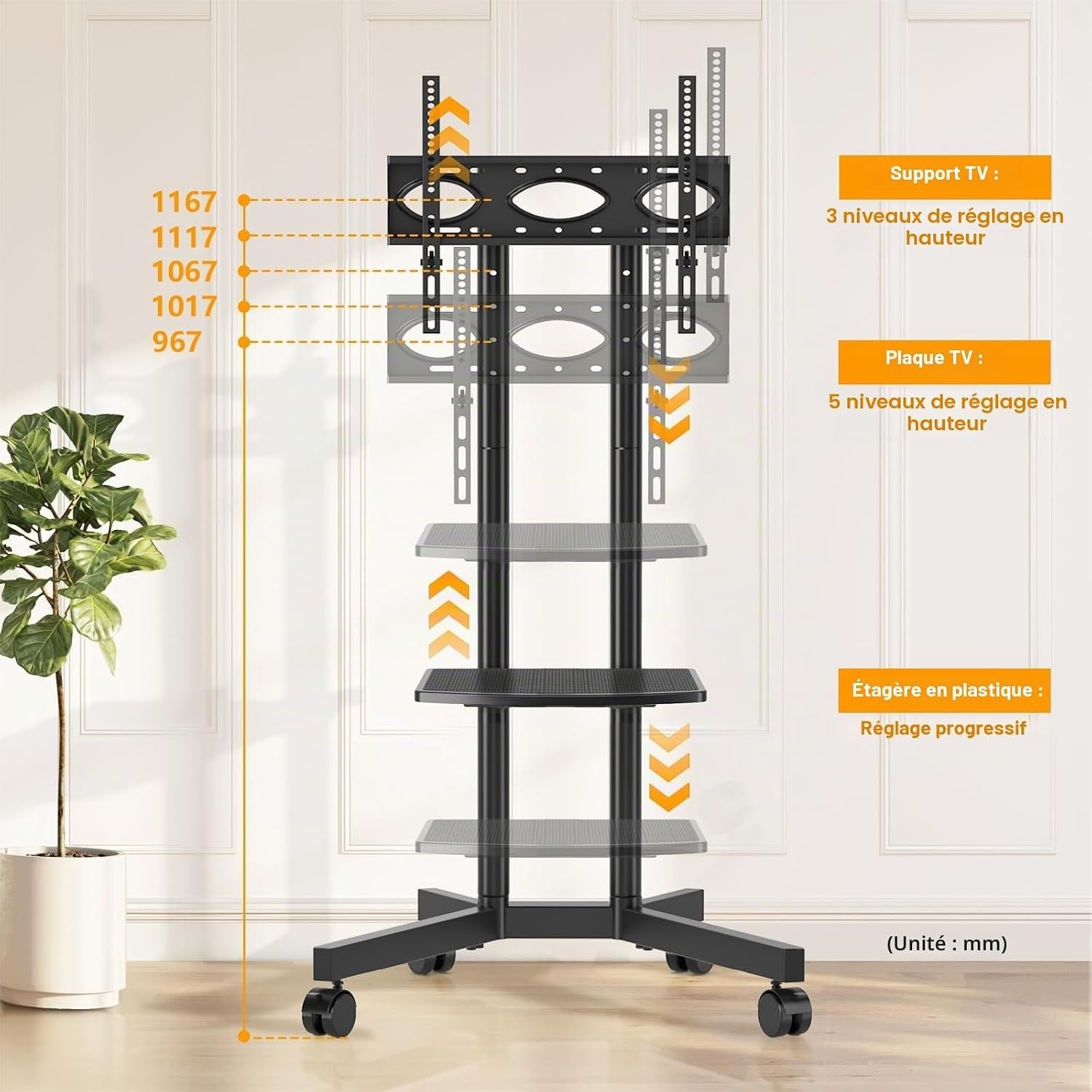 Support TV mobile sur roulettes 32-75 pouces - 34% de remise