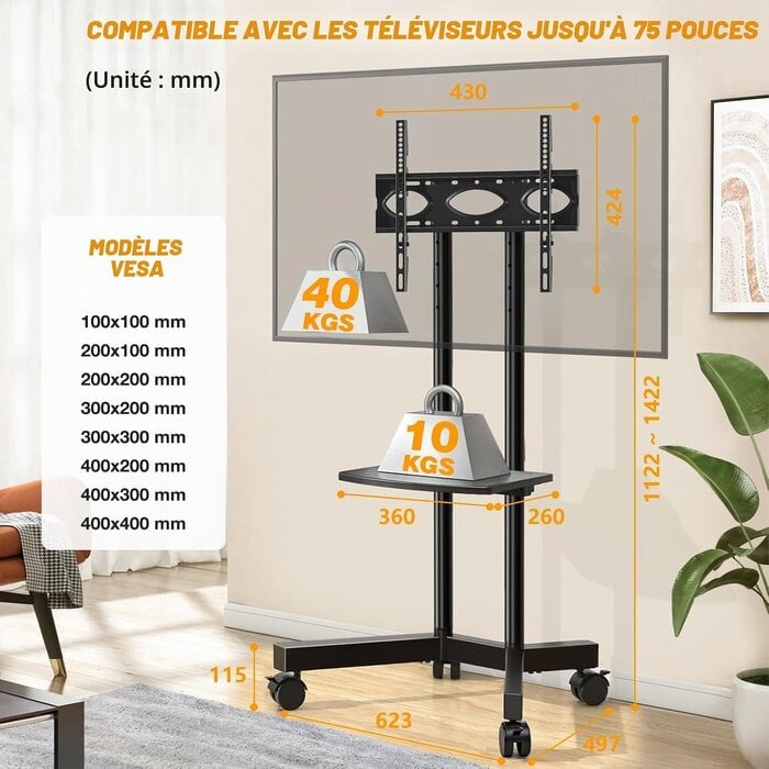 Support TV mobile sur roulettes 32-75 pouces - 34% de remise