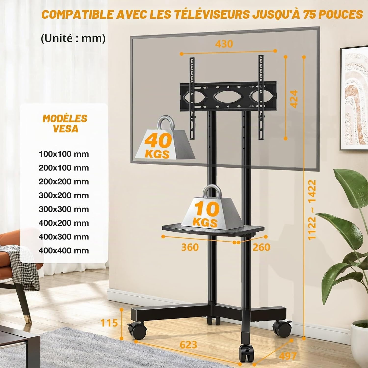 Support TV mobile sur roulettes 32-75 pouces - 34% de remise