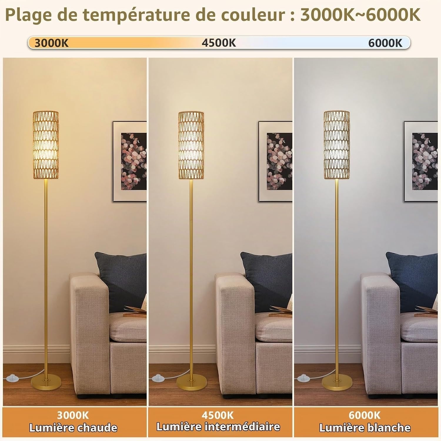 Lampadaire doré rotin et lin dimmable - 34% de remise
