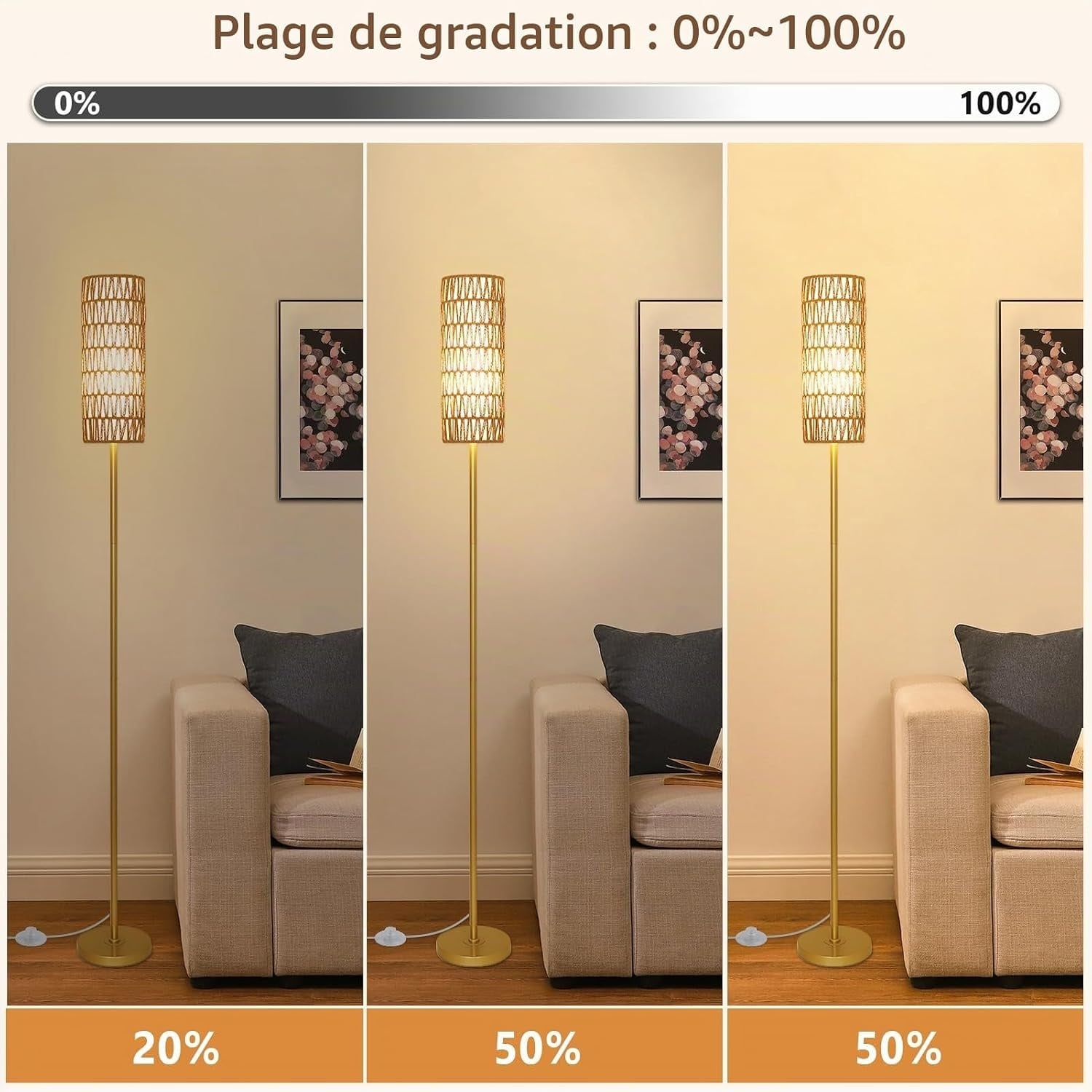 Lampadaire doré rotin et lin dimmable - 34% de remise