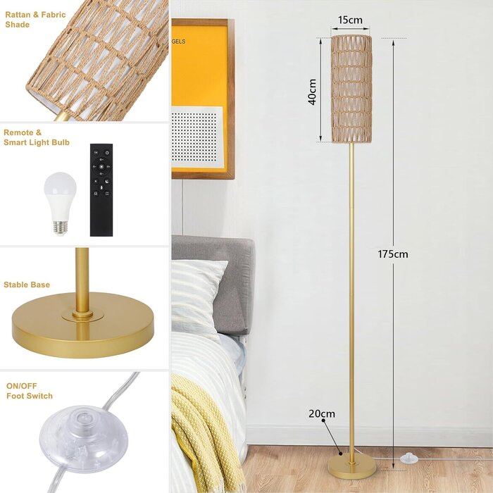 Lampadaire doré rotin et lin dimmable - 34% de remise
