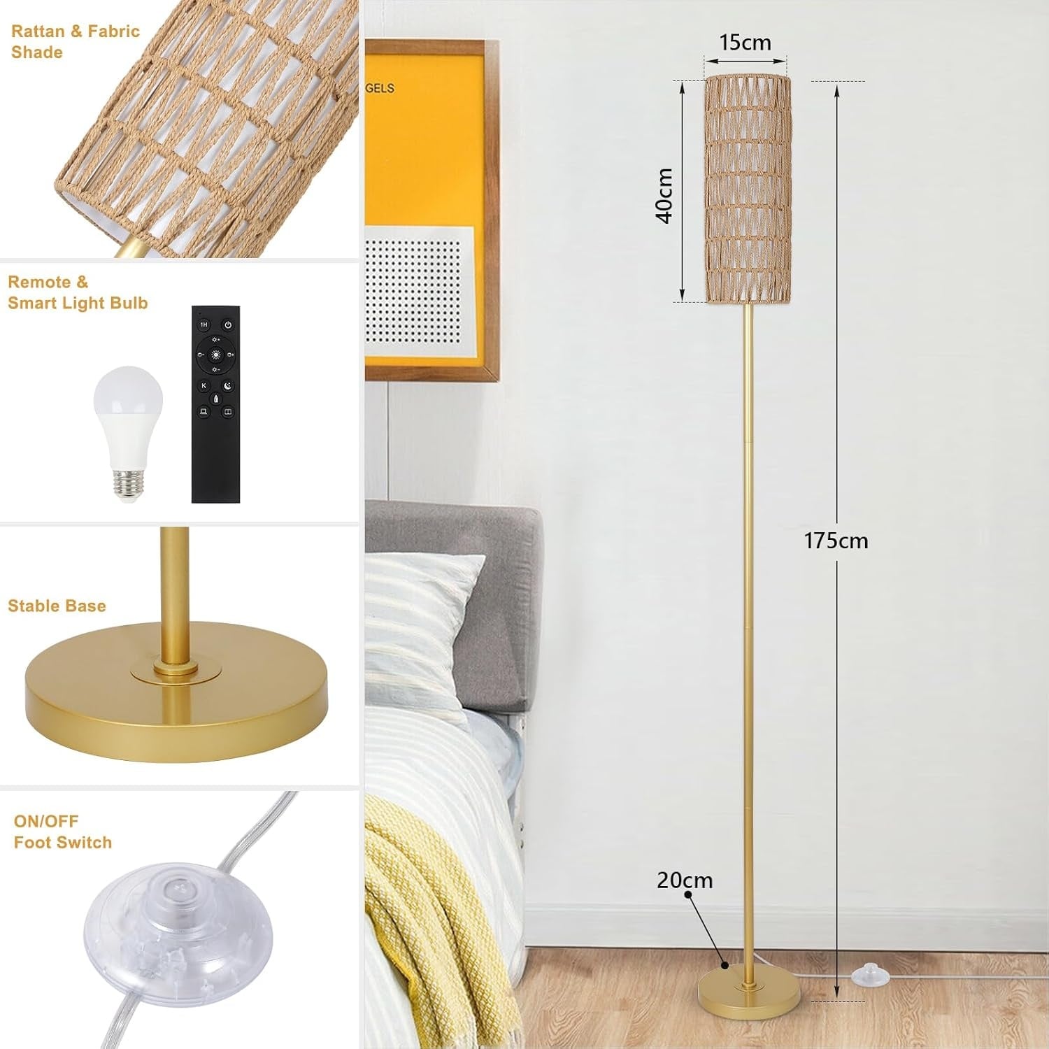 Lampadaire doré rotin et lin dimmable - 34% de remise