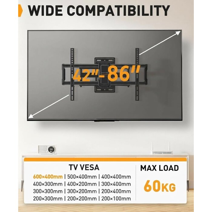 Support mural TV articulé 42-84 pouces - 60 kg - 33% de remise