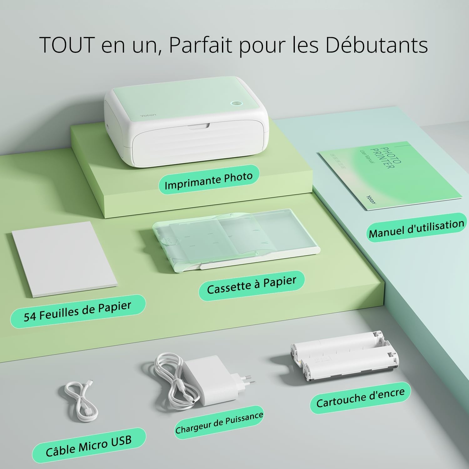 Yoton Imprimante photo Wi-Fi 10x15cm - Vert clair - 35% de remise
