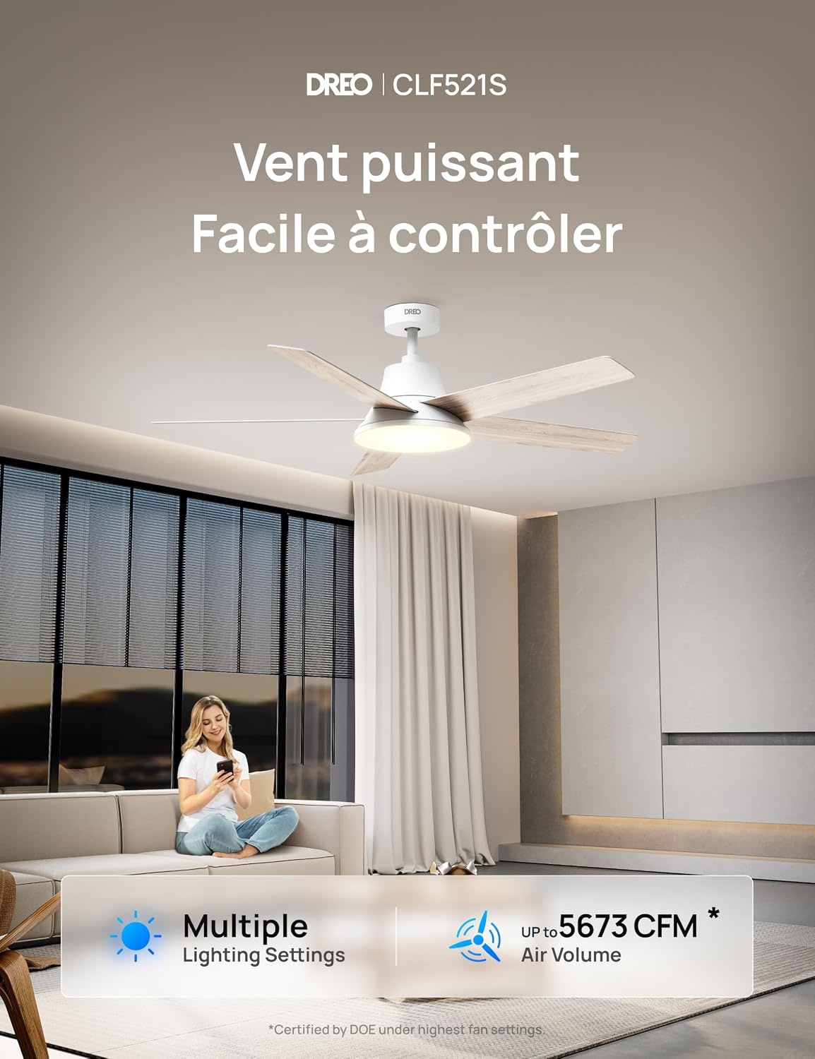 Ventilateur de plafond LED 132 cm intelligent, moteur silencieux - 35% de remise