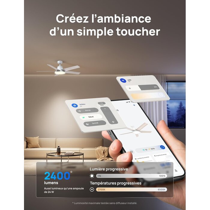 Ventilateur de plafond LED 132 cm intelligent, moteur silencieux - 35% de remise