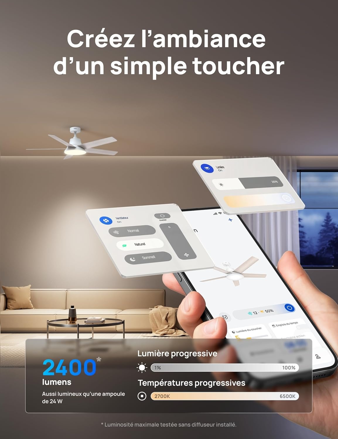 Ventilateur de plafond LED 132 cm intelligent, moteur silencieux - 35% de remise
