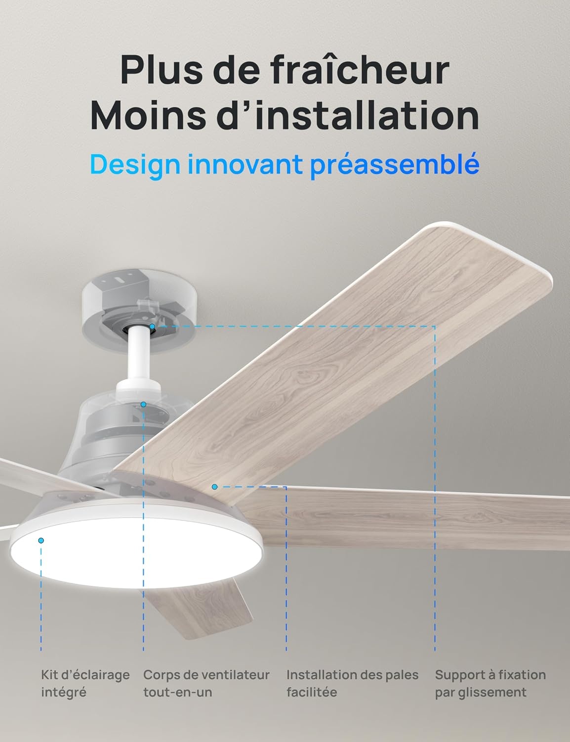 Ventilateur de plafond LED 132 cm intelligent, moteur silencieux - 35% de remise