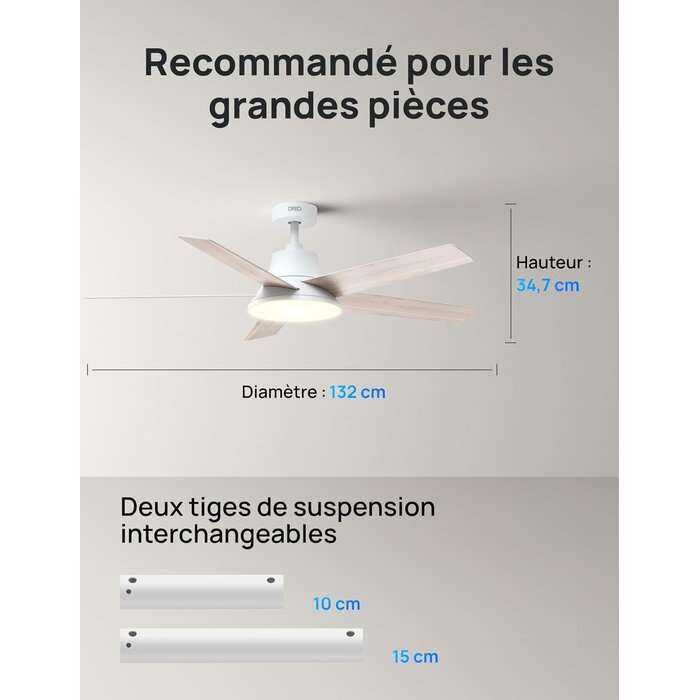Ventilateur de plafond LED 132 cm intelligent, moteur silencieux - 35% de remise