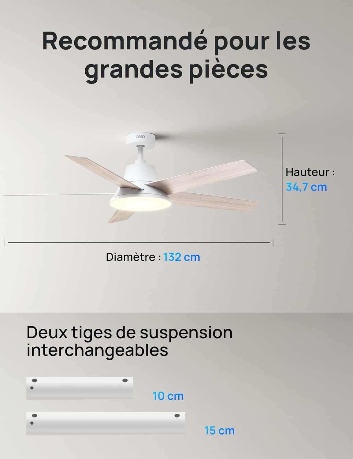 Ventilateur de plafond LED 132 cm intelligent, moteur silencieux - 35% de remise