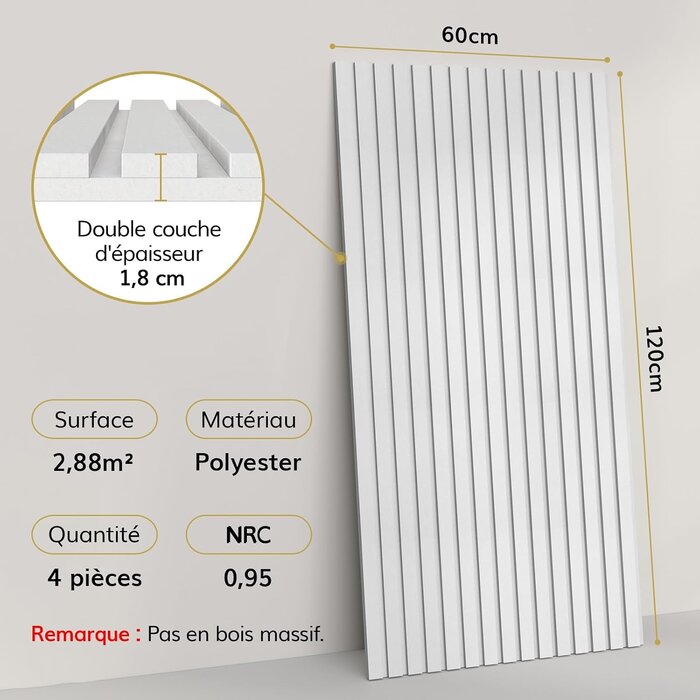 4 Panneaux Acoustiques Autocollants 120x60cm - Blanc - 33% de remise