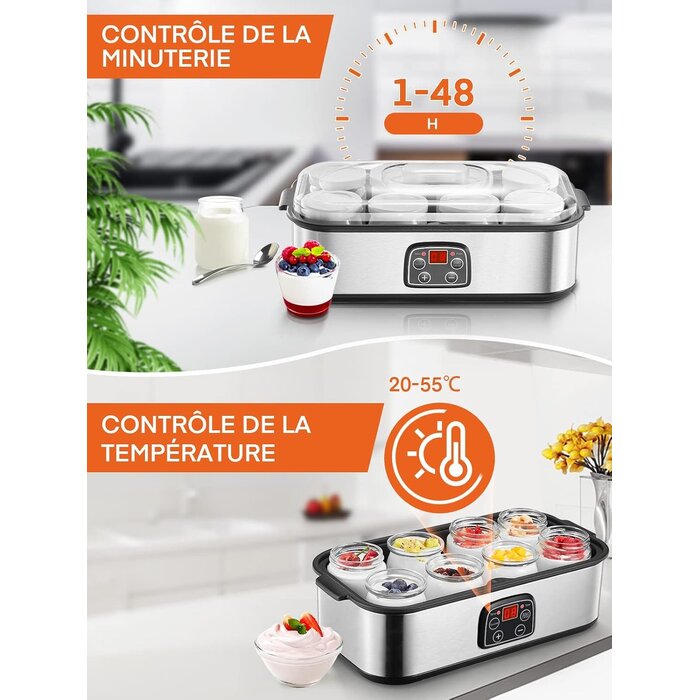 Yaourtière électrique 8 pots 180 ml - Inox - Écran tactile - 33% de remise