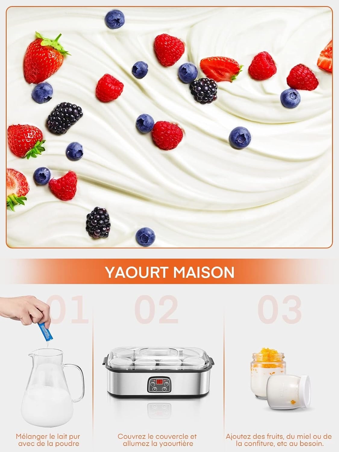 Yaourtière électrique 8 pots 180 ml - Inox - Écran tactile - 33% de remise