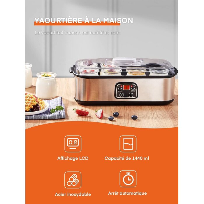 Yaourtière électrique 8 pots 180 ml - Inox - Écran tactile - 33% de remise