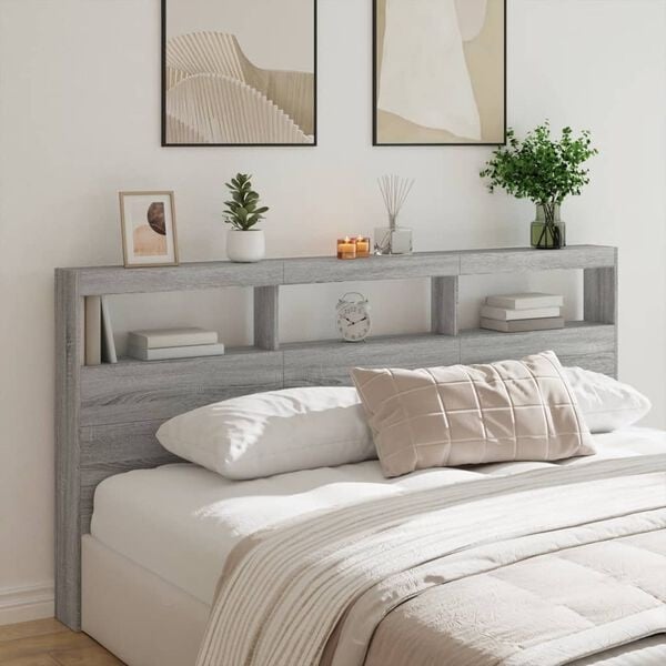 Tête de lit avec rangement et LED 200 cm gris sonoma - 35% de remise