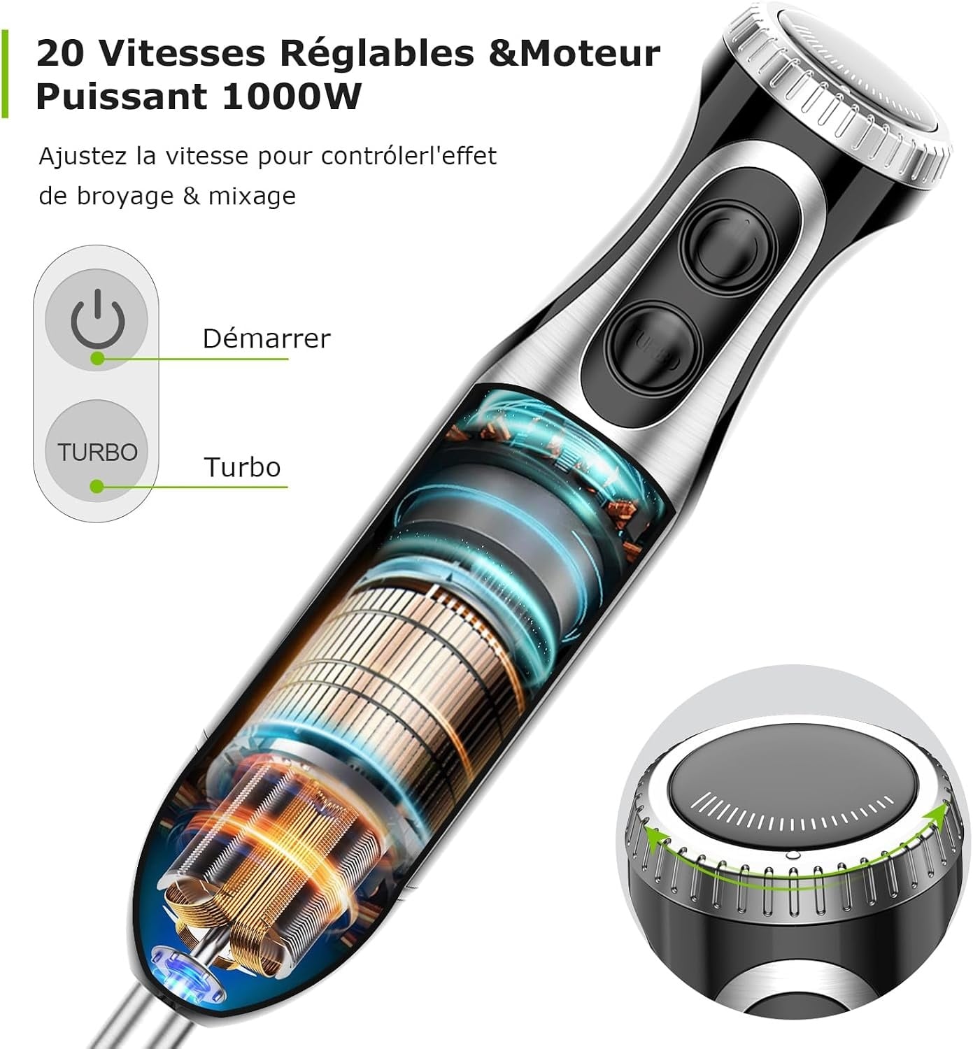 Mixeur plongeant 4-en-1 1000W - 20 vitesses - Noir - 31% de remise