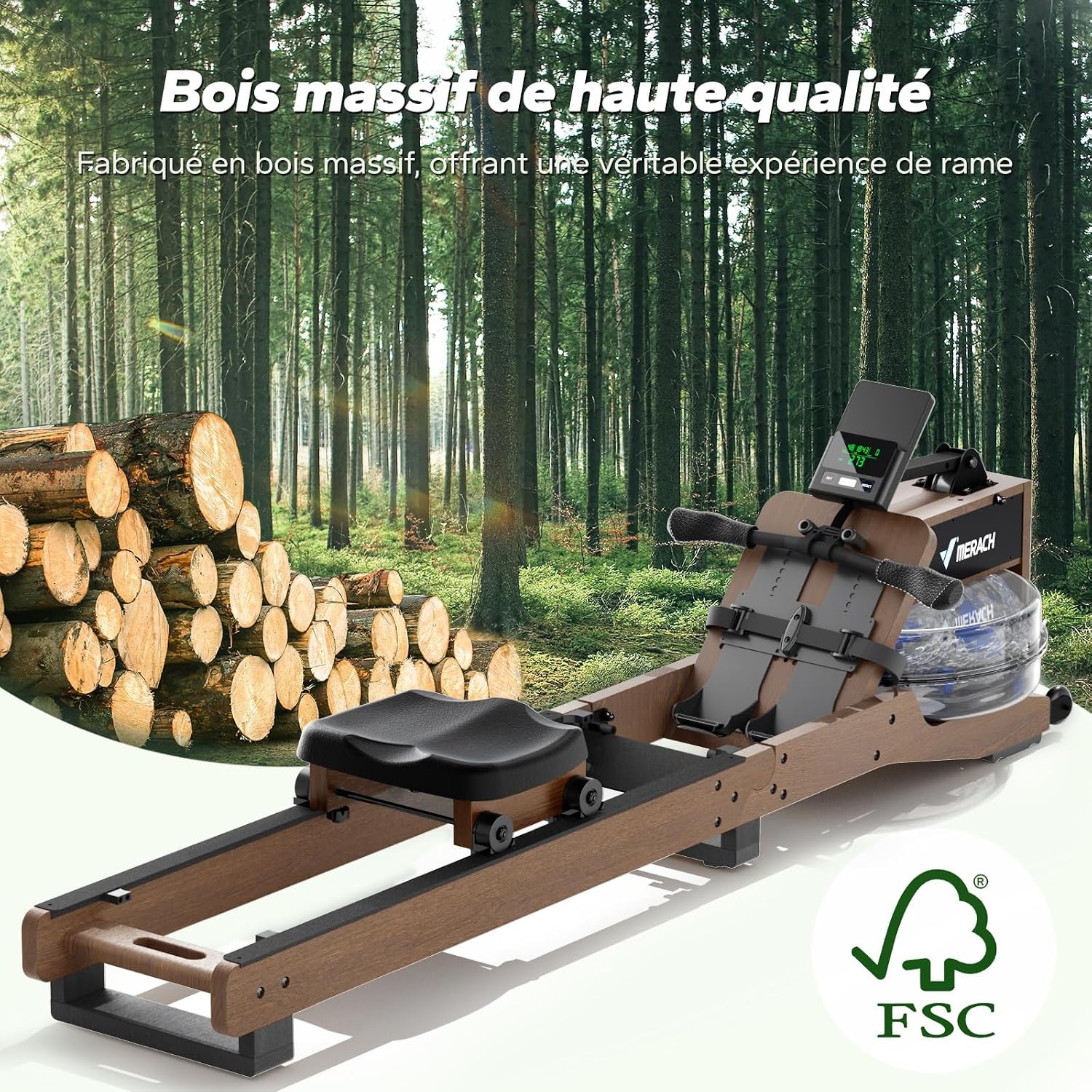 Rameur à eau en bois d'hévéa pliable - 30% de remise