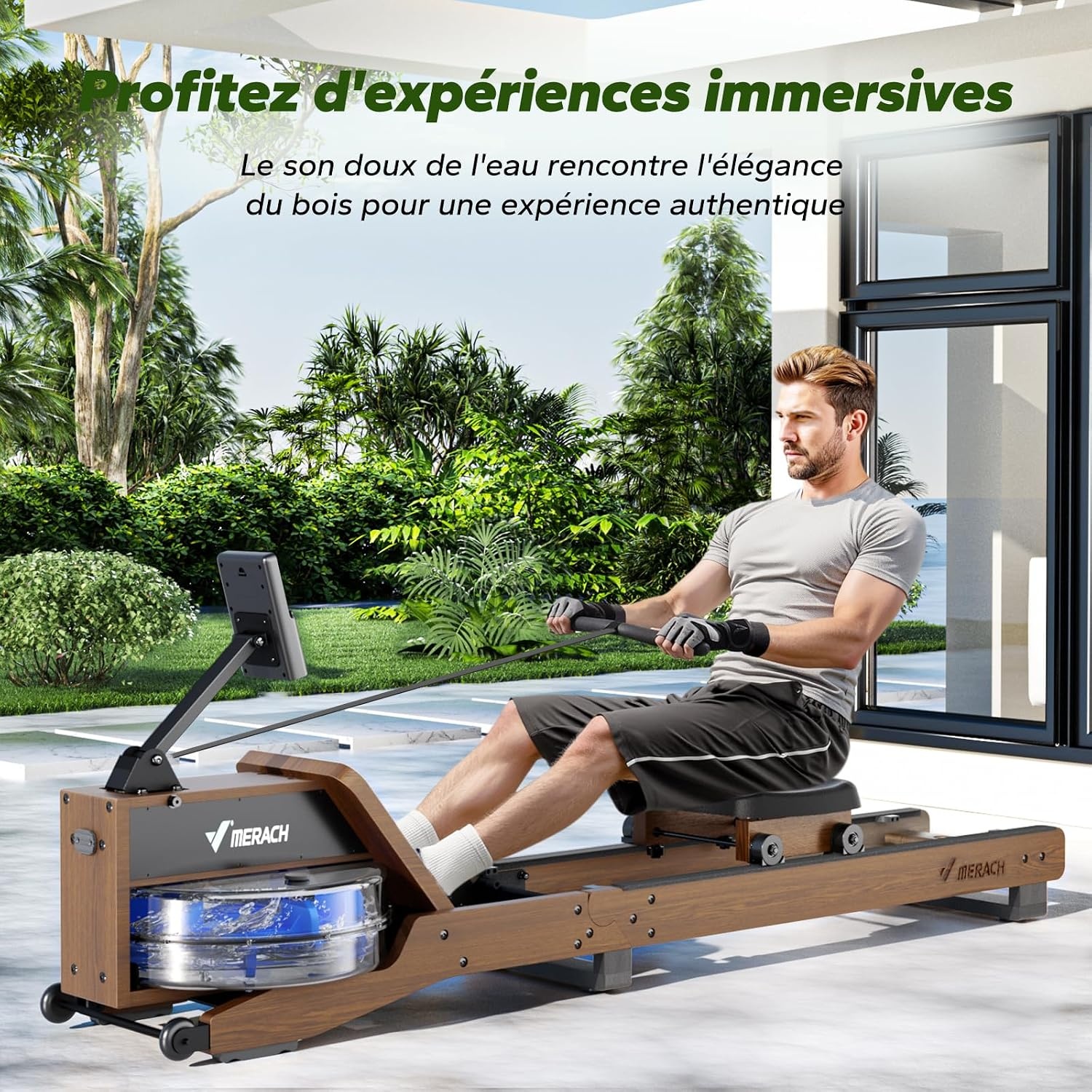 Rameur à eau en bois d'hévéa pliable - 30% de remise