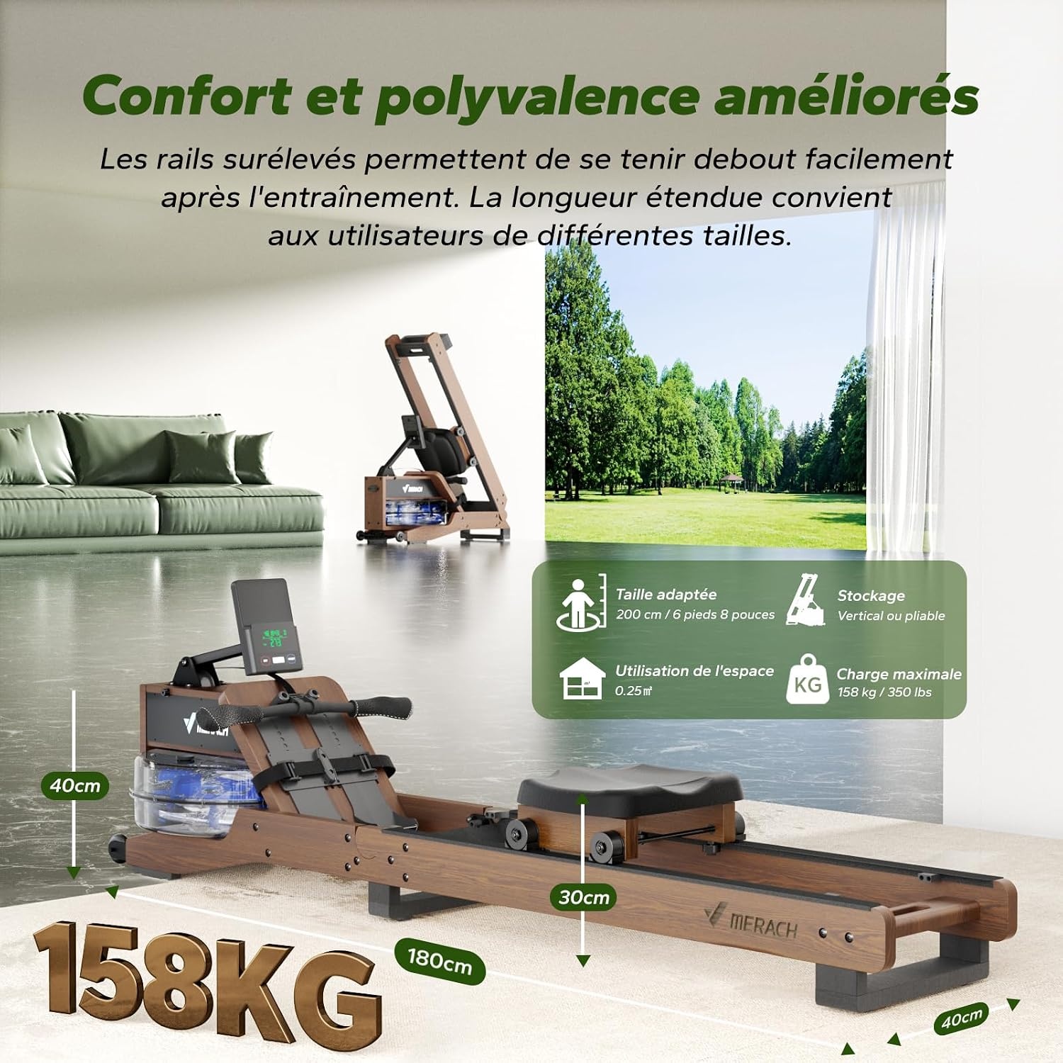 Rameur à eau en bois d'hévéa pliable - 30% de remise