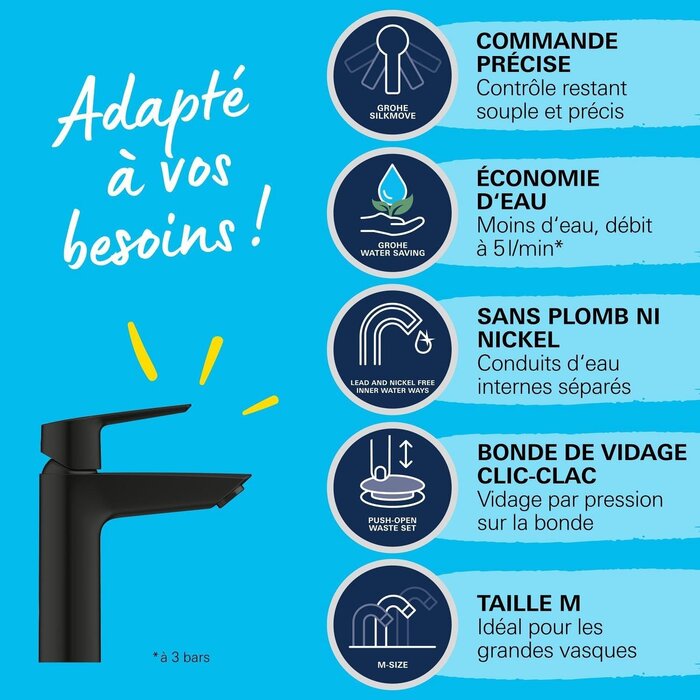 Mitigeur lavabo noir mat 19 cm, économiseur d'eau, -34% de remise