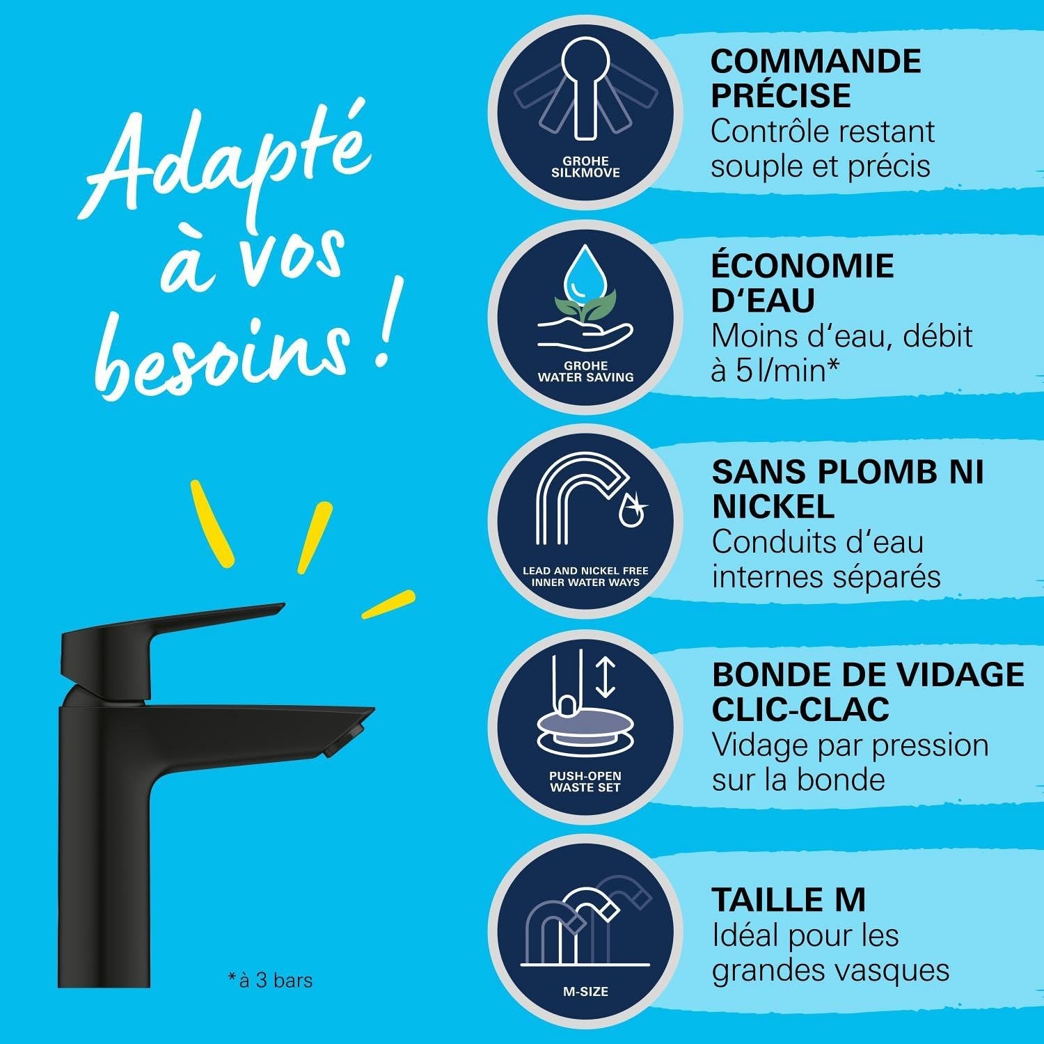 Mitigeur lavabo noir mat 19 cm, économiseur d'eau, -34% de remise