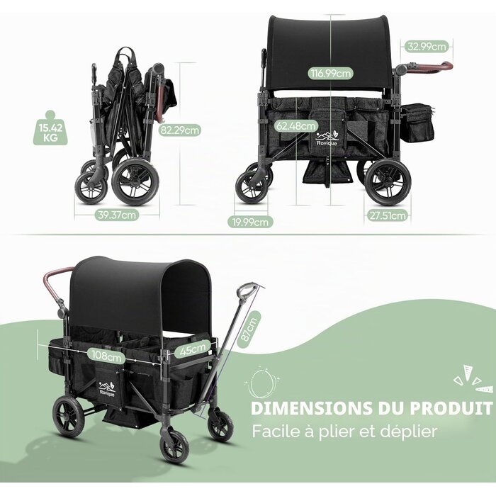 Chariot de transport pliable 2 places - Noir - 35% de remise